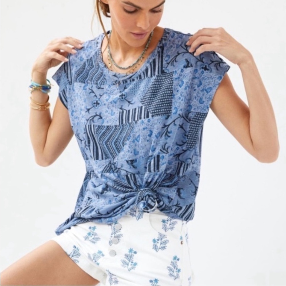 Pilcro Anthropologie cap sleeves patchwork design cotton scoop neck Babydoll top